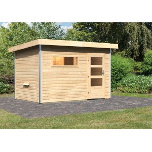Karibu Saunahaus Hendrik 1 aus naturbelassenem Holz mit Tür und Fenster im Garten.