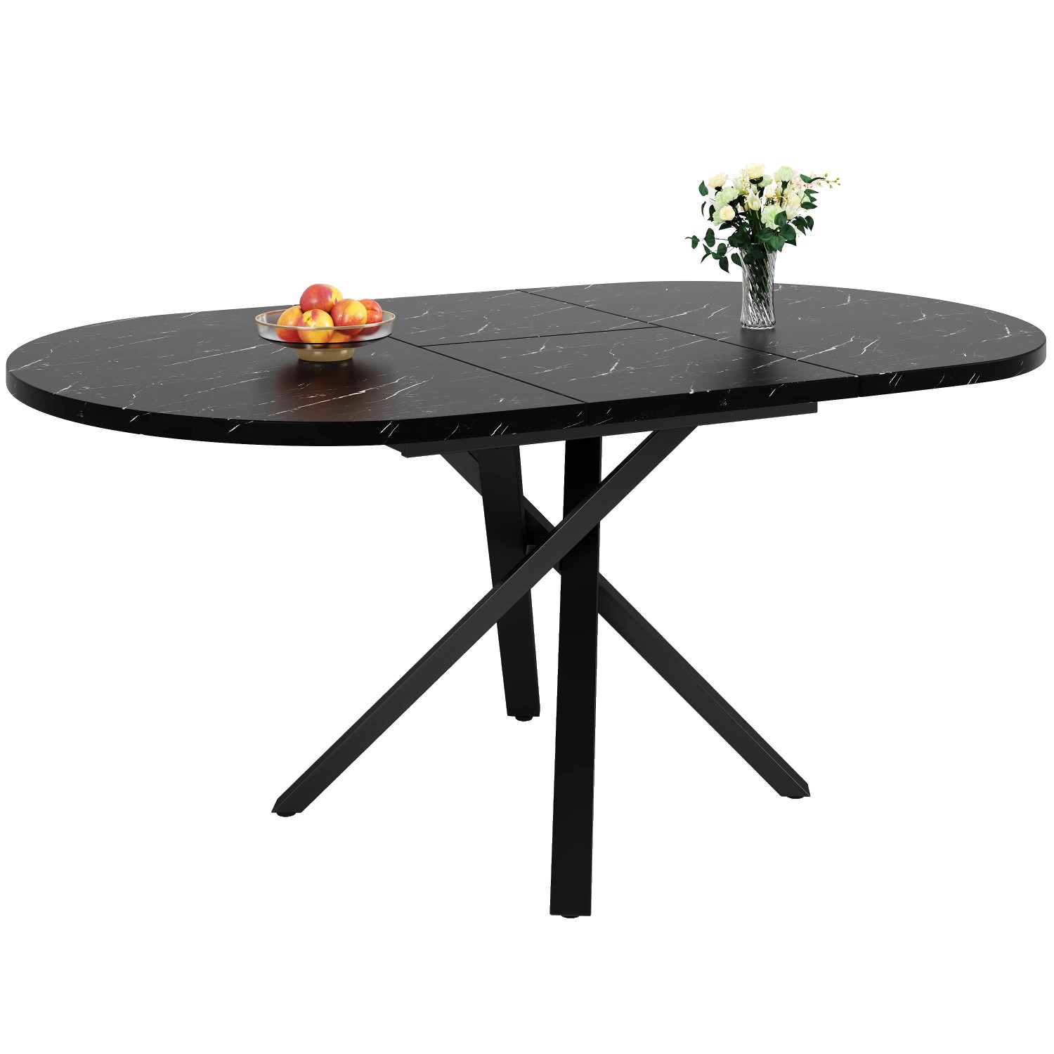 okwish Esstisch Rund Ausziehtisch mit Marmoroptik und Robustem X-Metallgestell 100 × 100 cm Schwarz