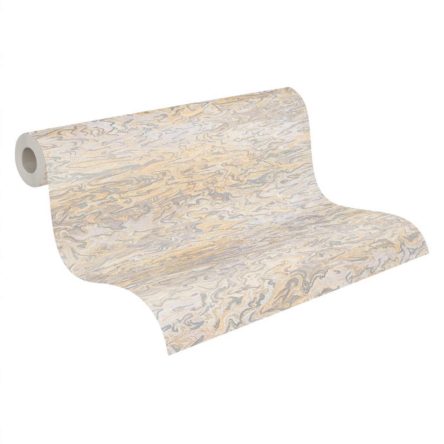 Vliestapete in Hellorange und Beige mit abstraktem, leicht glänzendem Muster.