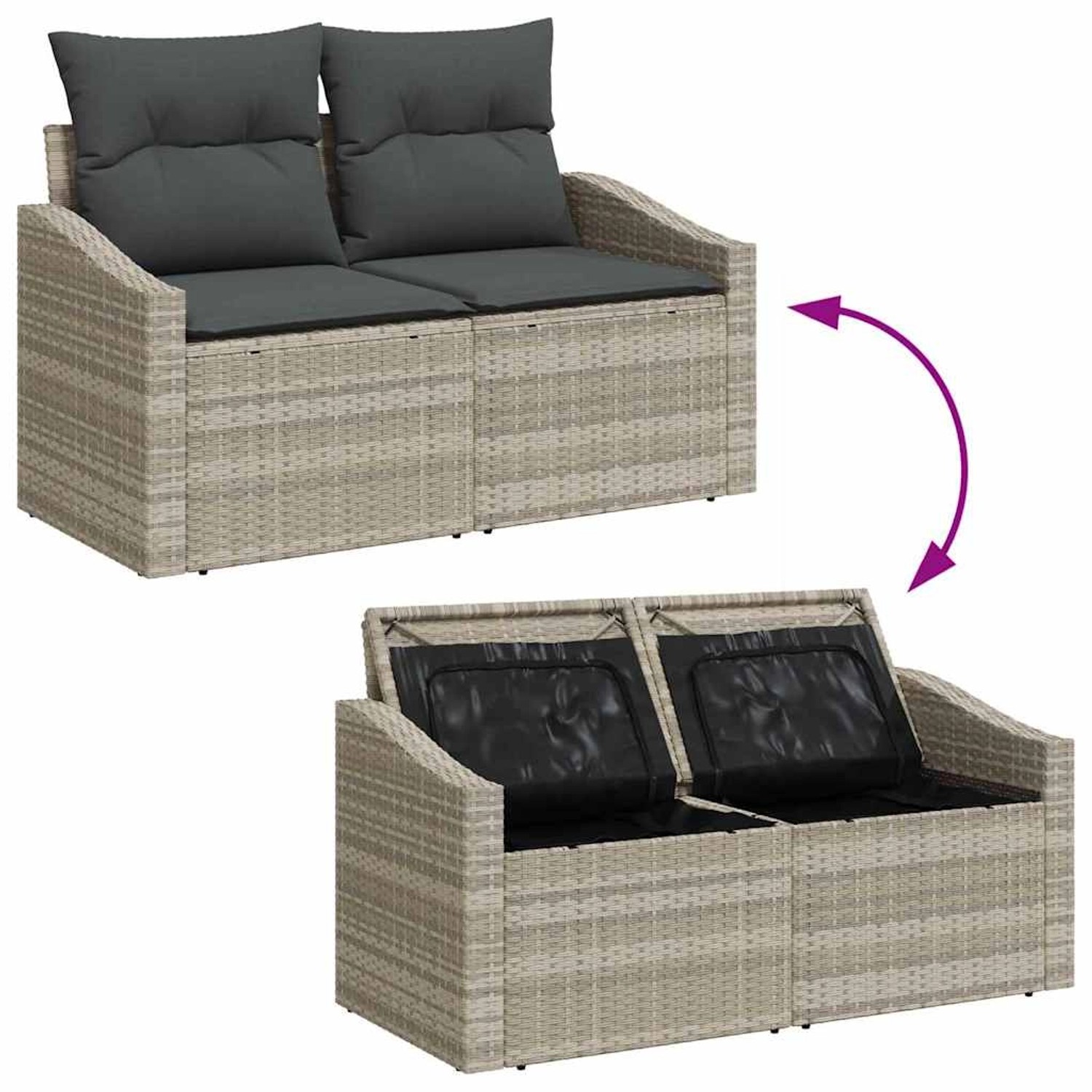 Hellgraues 6-tlg. vidaXL Garten-Sofa-Set aus Poly Rattan mit Stauraum.
