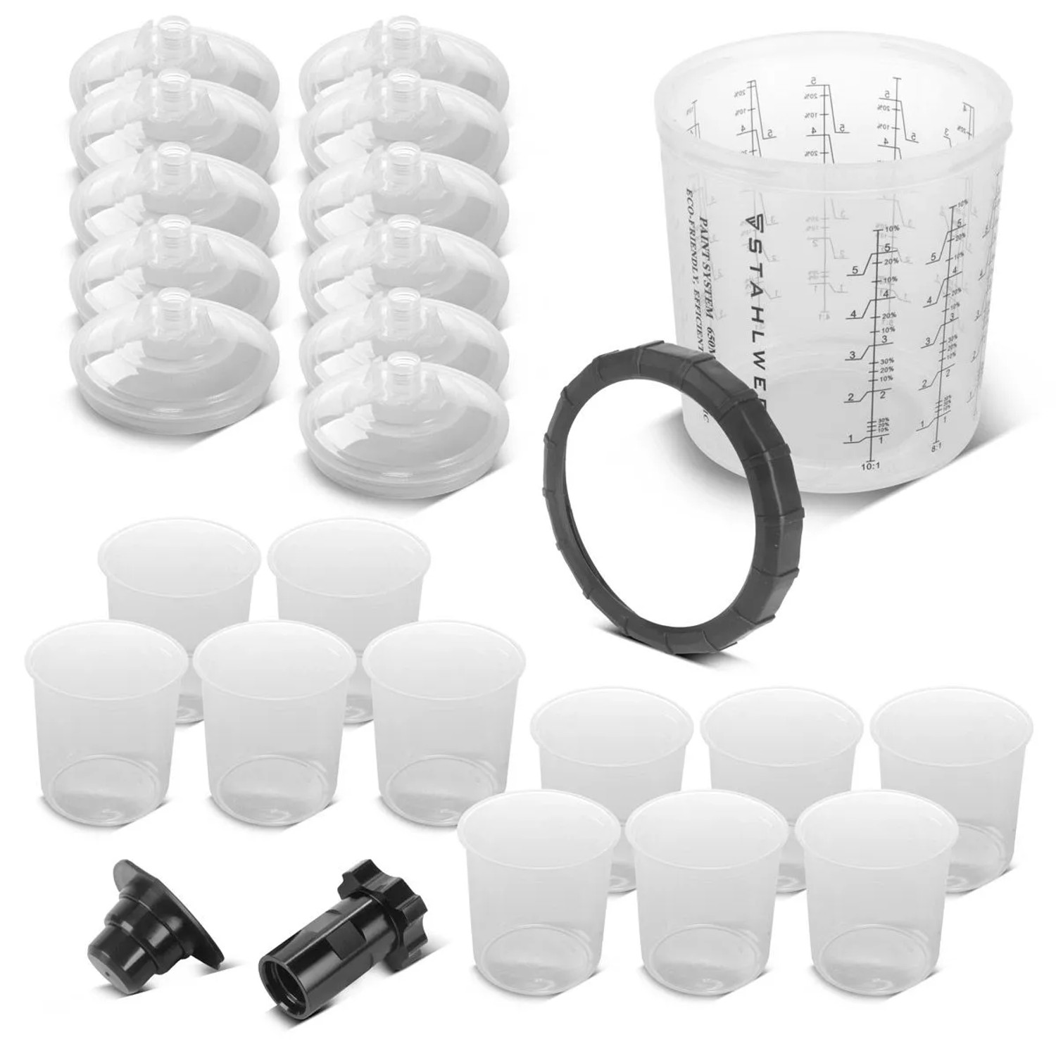 STAHLWERK Mischbecherset 25-teilig für Lackierpistolen: transparenter Messbecher 650 ml, Einweg-Innenbecher, Deckel, Adapter.