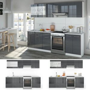 Vicco Küchenzeile Raul, 240 cm, Anthrazit/Marmor, mit LED-Leisten. Komplettküche mit Spüle und Herd.