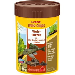 Sera Wels-Chips Nature, Tablettenfutter für Welse und Ancistrus im gelben Behälter.