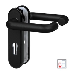 Schwarzer Basi FS-Drücker-Beschlag für Feuerschutztüren, Kurzschild rund, aus Kunststoff.