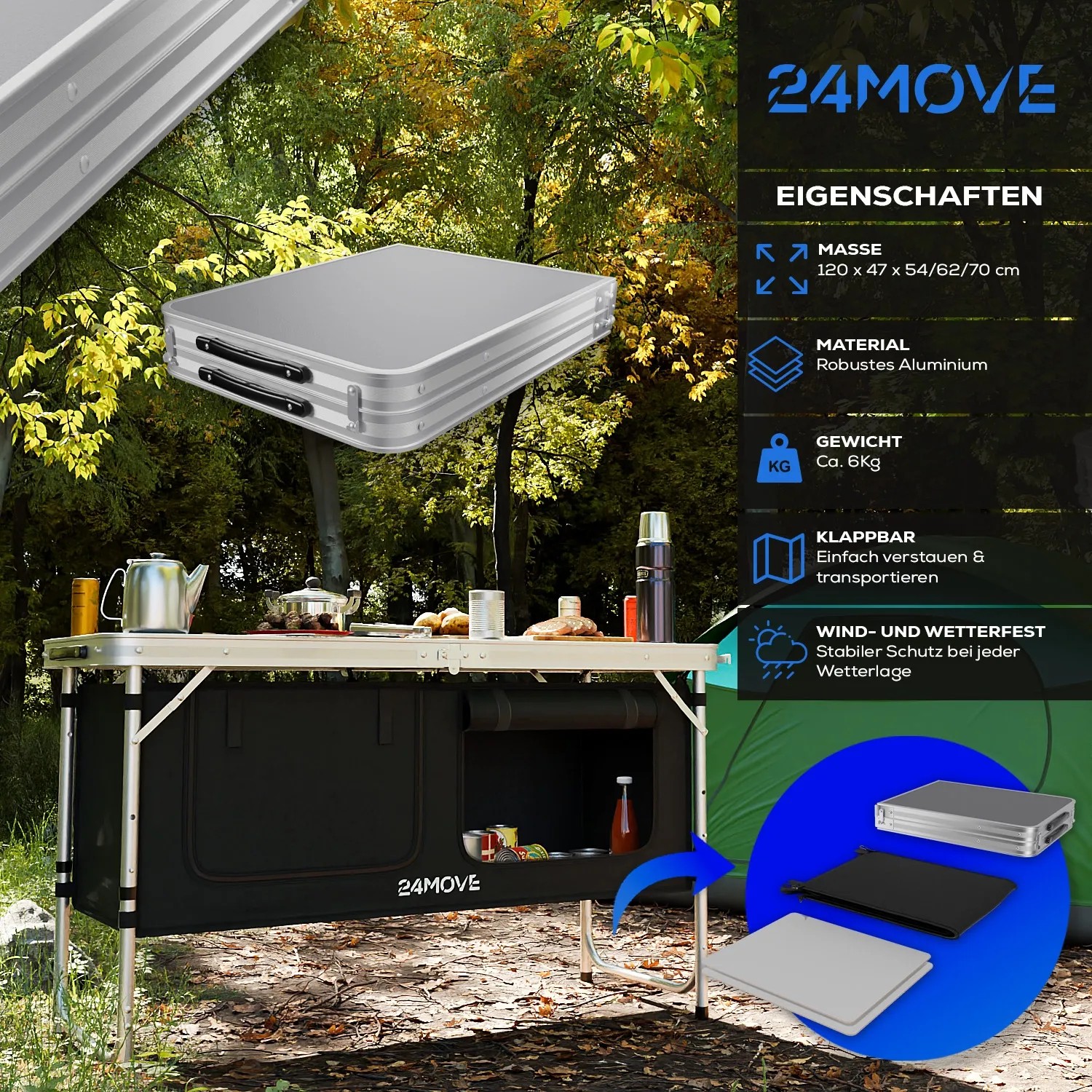 24MOVE Campingküche Praia, faltbar mit Alu-Arbeitsplatte und Tragetasche.