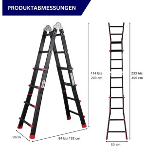 PROREGAL 3-in-1 Mehrzweckleiter APOLLO, Aluminium, schwarz, als Steh- und Anlegeleiter mit Maßangaben.