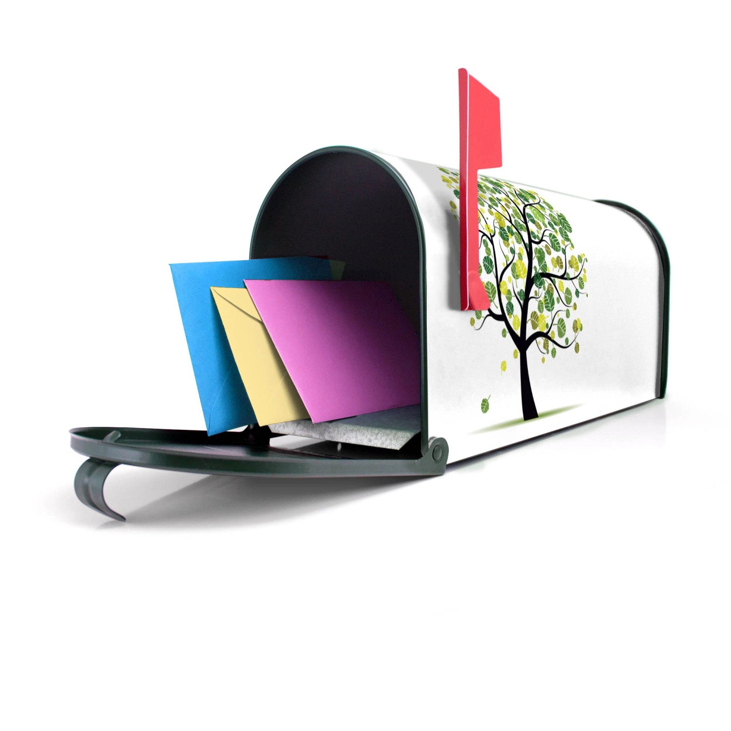 Grüner Banjado US Briefkasten mit Laubzauberbaum Motiv, gefüllt mit Briefen.