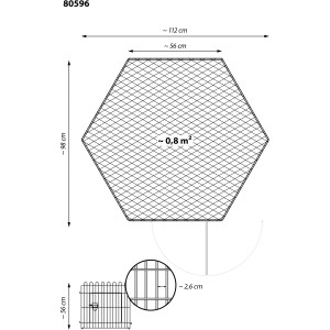 Dobar Freigehege 6-eckig mit Netz, Maße und Details zur Maschenweite, Tür und Höhe.