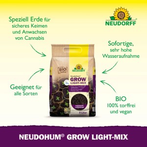 Neudorff NeudoHum Grow Light-Mix 3l torffreie Erde in braun-gelbem Beutel. Für Cannabis-Anzucht, schnelle Keimung & Wurzelbildung.