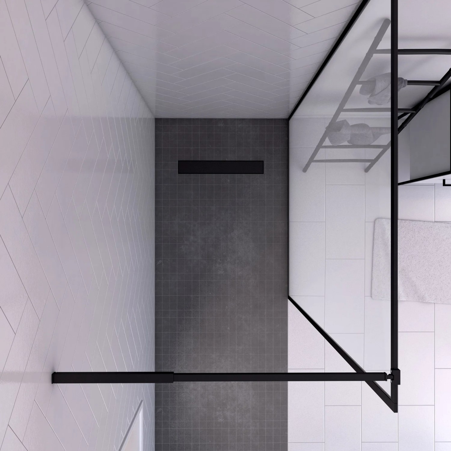 Aurlane Walk-In Dusche Factory Black, 120x200cm, mit schwarzem Rahmen und transparentem Glas.