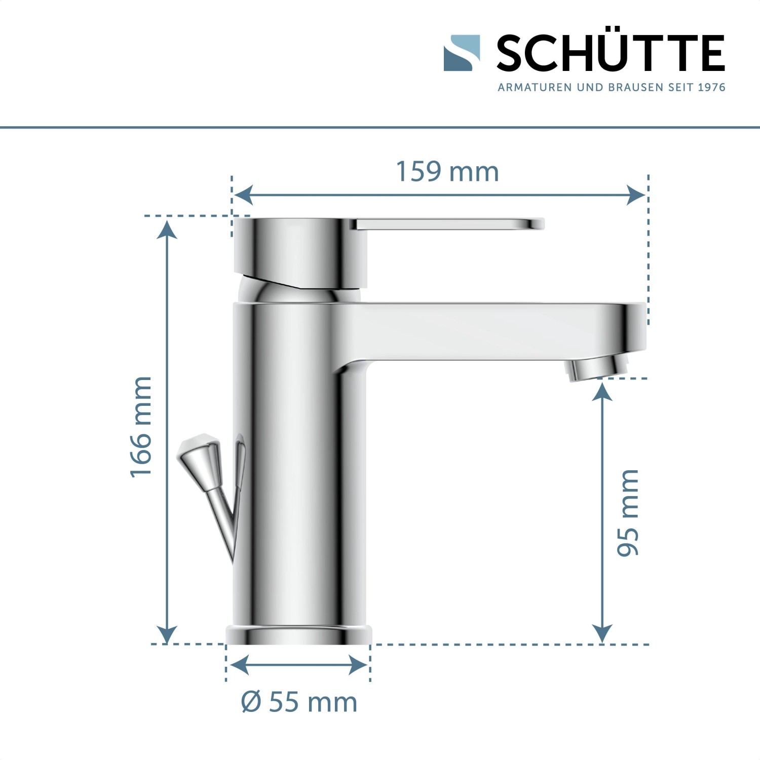 Schütte Waschtischarmatur Elephant Chrom, Maße: Höhe 166 mm, Ausladung 159 mm, Durchmesser 55 mm.