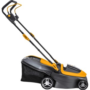 Stiga Akku-Rasenmäher Collector 136e mit Akku und Ladegerät. Kompakter Rasenmäher in Grau und Gelb.