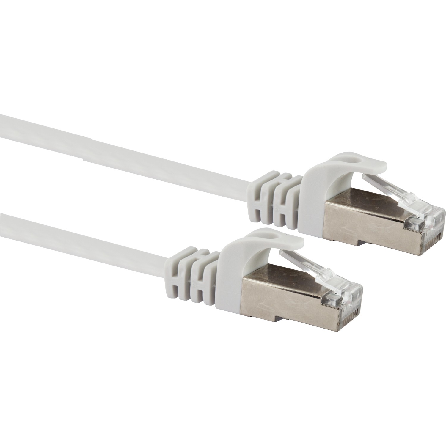 Weißes Schwaiger CAT-6-Netzwerkflachkabel (10 m) mit RJ45-Stecker für Netzwerkverbindungen.