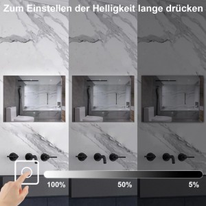 Aica Badspiegel 80x60 cm mit dimmbarer kaltweißer LED Beleuchtung. Touch-Steuerung zeigt Helligkeitsstufen.