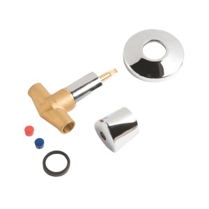 Unterputzventil (Ø 15 mm) aus verchromtem Messing mit Griff, Rosette, Dichtring und Farbmarkierungen.