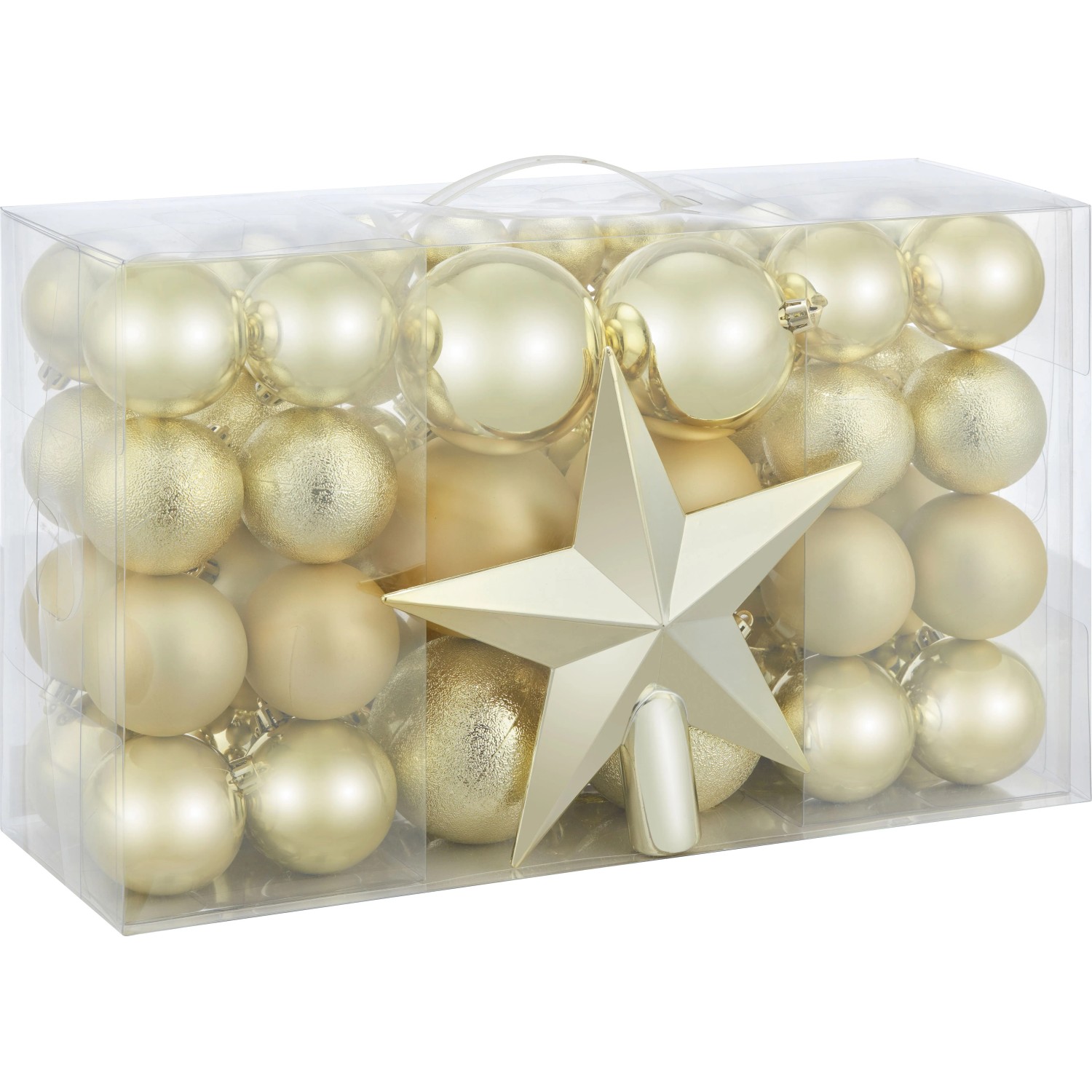 63 goldene Weihnachtskugeln aus Kunststoff, matt, glänzend & glitzernd, inklusive Sternspitze.