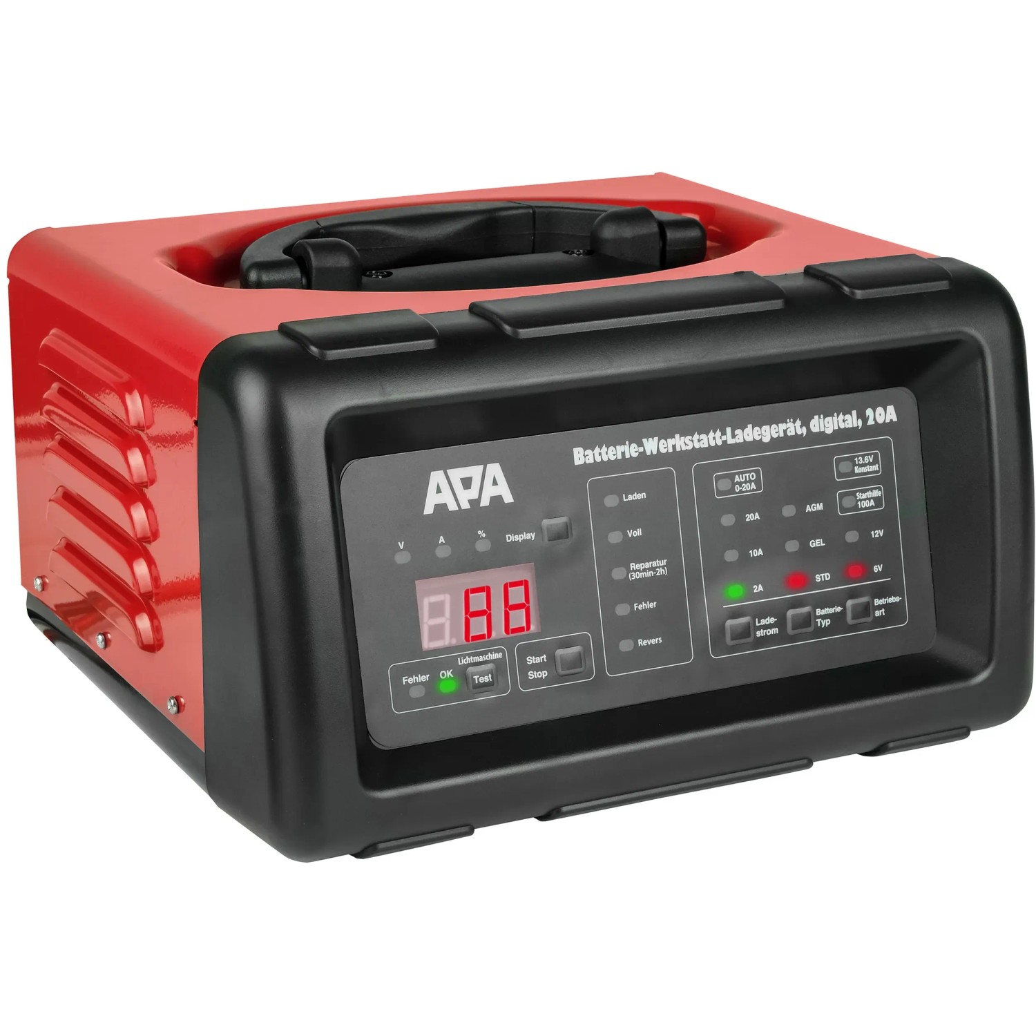 APA Batterieladegerät digital 20A mit Starthilfe für Auto-Batterien, rot/schwarz.
