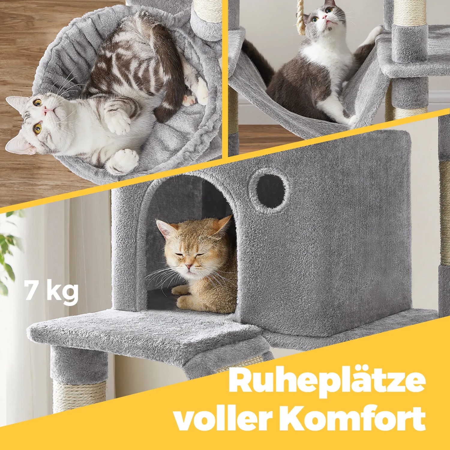 Feandrea Kratzbaum, 206 cm, hellgrau, mit Katzen in Hängematte, Höhle und Liegemulde.