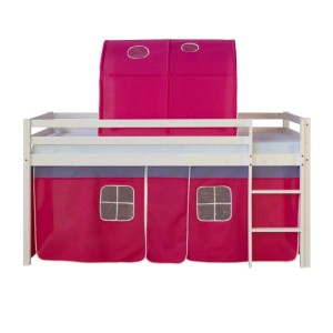 Weißes Kinderhochbett 90x200 mit pinkem Tunnel und Vorhang mit Fenstern, Leiter. Ideal für Abenteuerbetten.