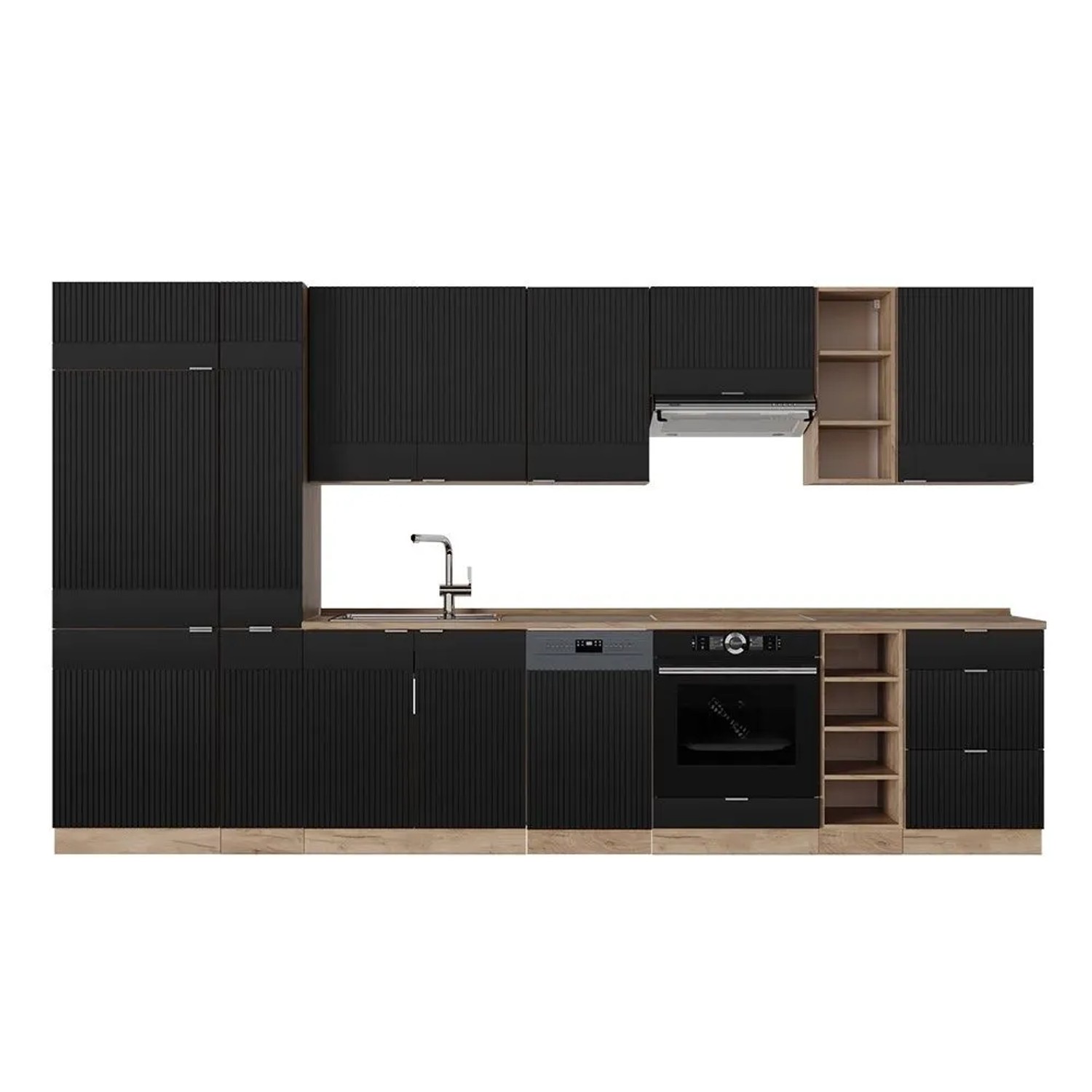 Vicco Fame-Line Küchenzeile Schwarz Gestreift Goldkraft Eiche 355 cm AP Eiche ohne E-Geräte