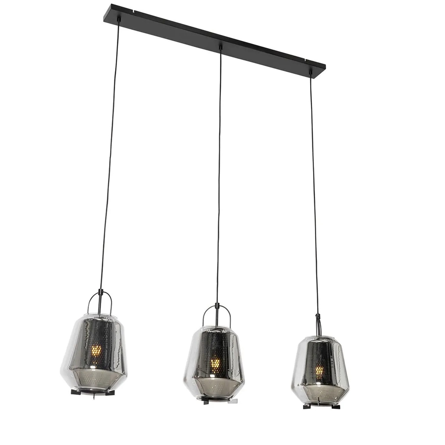 QAZQA Hängelampe Schwarz mit Rauchglas 23 cm Länglich 3 Flammig Kevin
