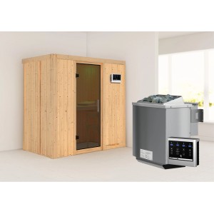 Karibu Sauna Vera mit Bio-Ofen und Glastür Bronze. Massivholzsauna mit Ofen und externer Steuerung.