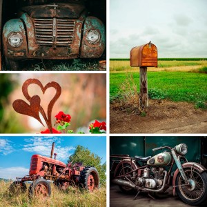 Collage mit Oldtimern und Rostdeko, behandelt mit OWATROL OIL Rostschutz.