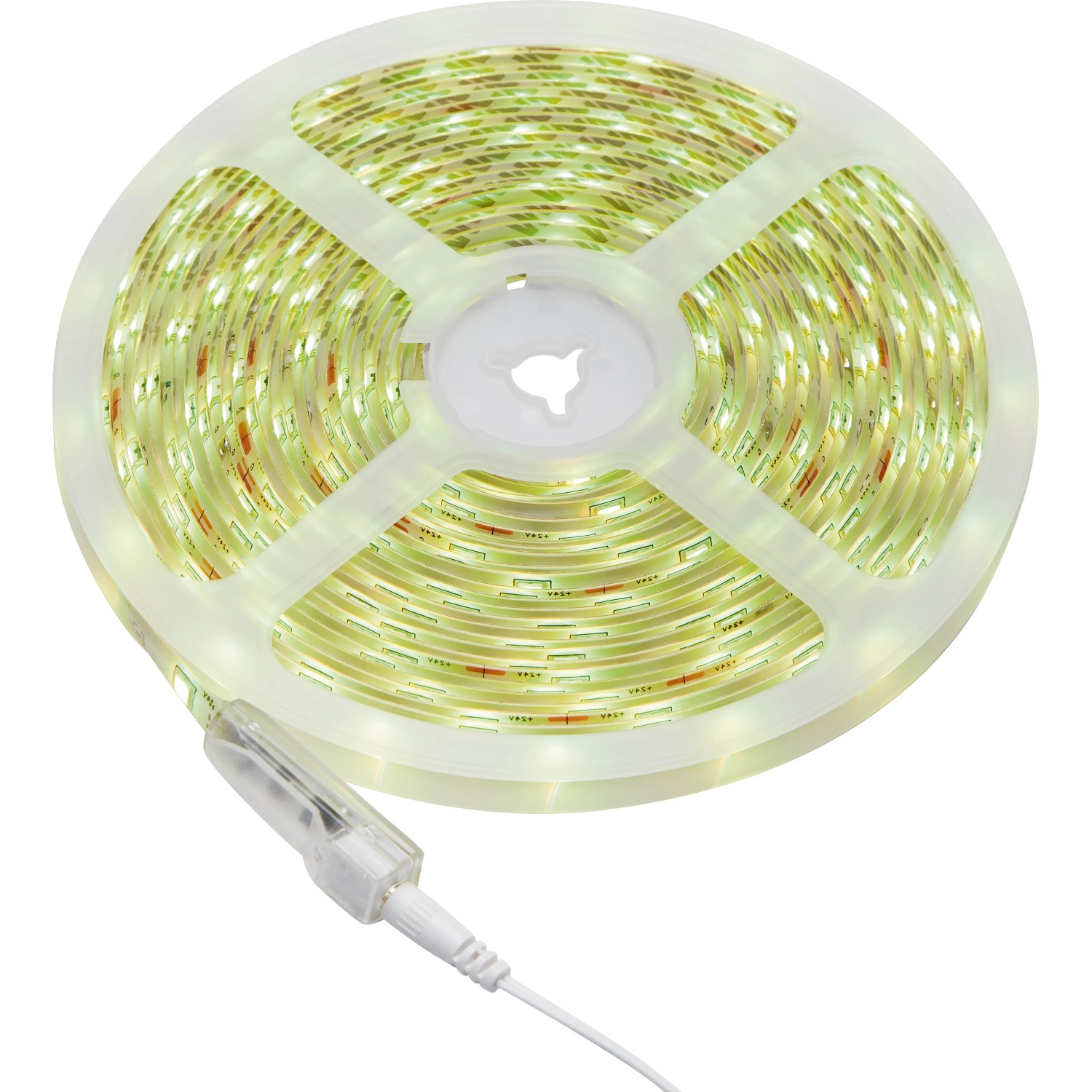 Aufgerolltes 10 m LED-Flexband RGB mit Fernbedienung, leuchtend.
