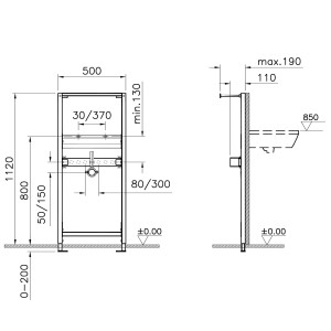 Technische Zeichnung: Pianura Trockenbau-Waschtischelement 112 cm EASYPro mit Maßangaben.