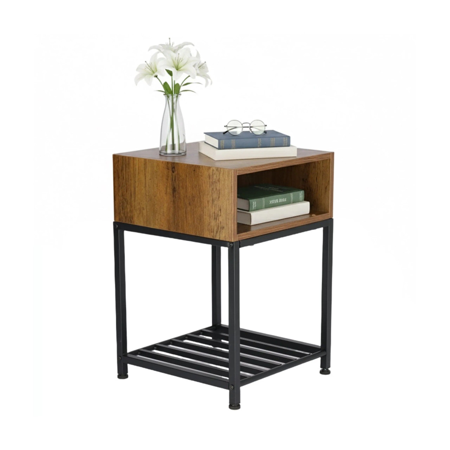 Relaxdays Nachttisch Holzwerkstoff Stahl Schwarz Mit Fach und Ablage 58 cm x 40 cm x 40 cm 7,6 kg