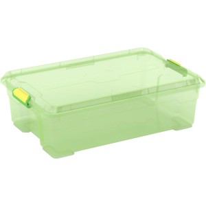 Grüne Clipbox Moover M: Aufbewahrungsbox aus Kunststoff mit Deckel und gelben Verschlüssen.