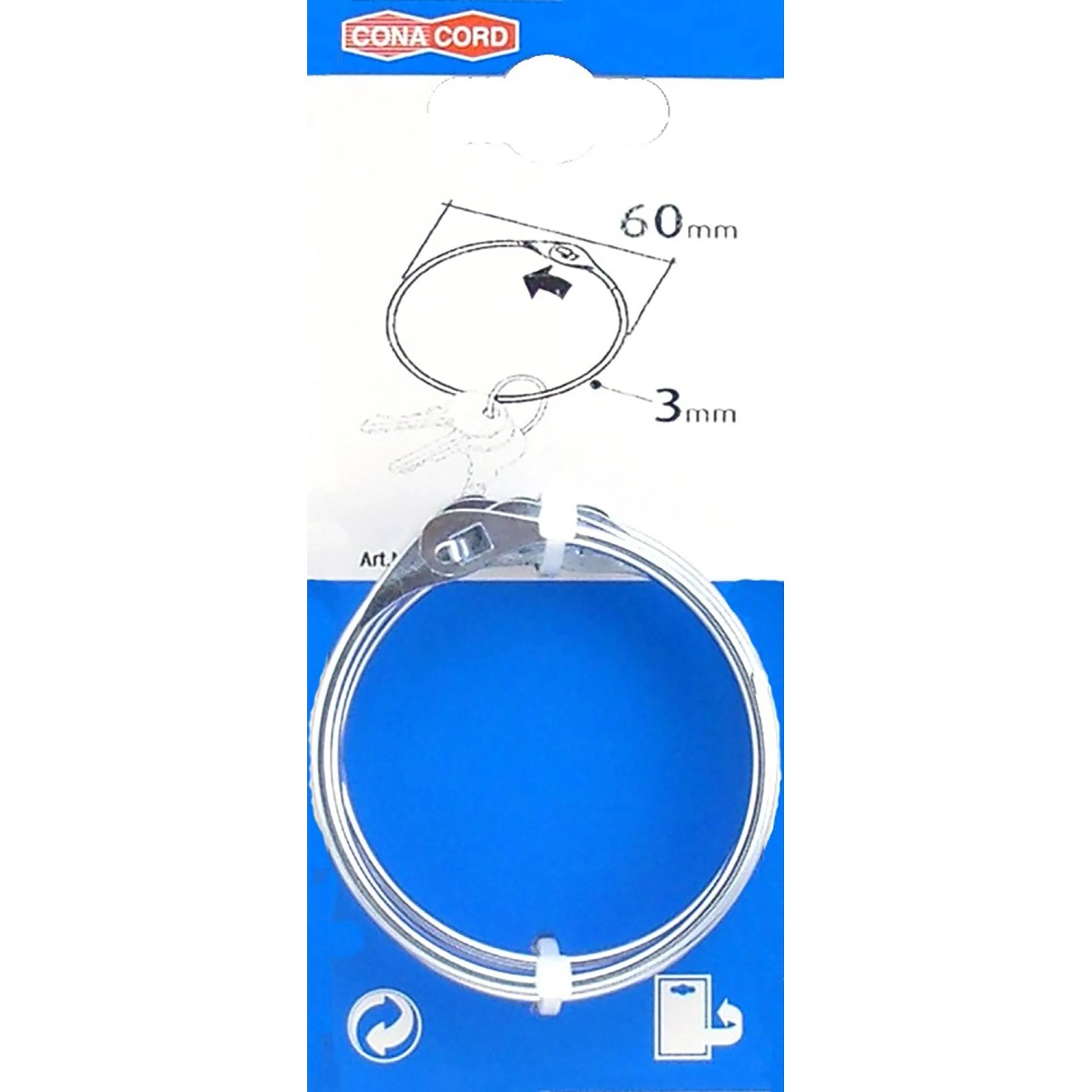 Silberner Conacord Warenring aus Stahl, 3 mm Durchmesser, auf blauer Verpackung. Vielseitig nutzbar.