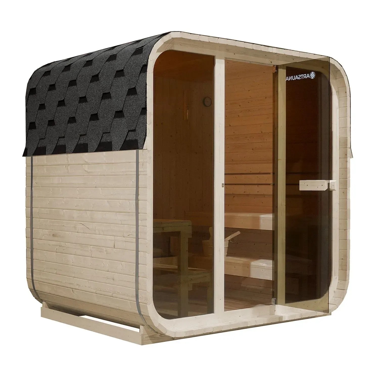 Artsauna Cube Fasssauna Fjora: Quadratische Gartensauna aus Fichte mit Panoramafenster und schwarzem Dach.