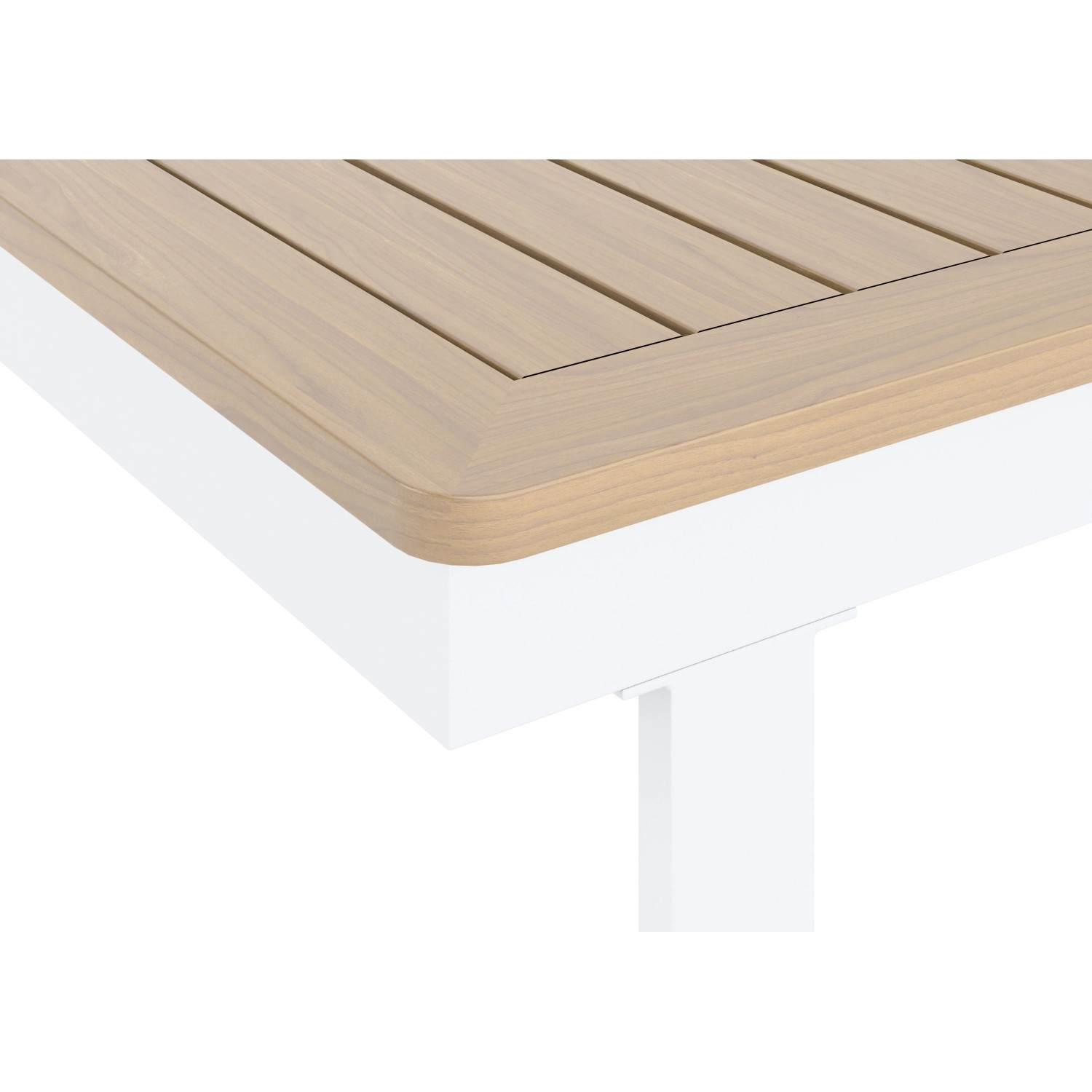 Detailansicht Esstisch der 7-teiligen Esstischgruppe Butterfield mit Holzoptik und weißem Aluminiumgestell.