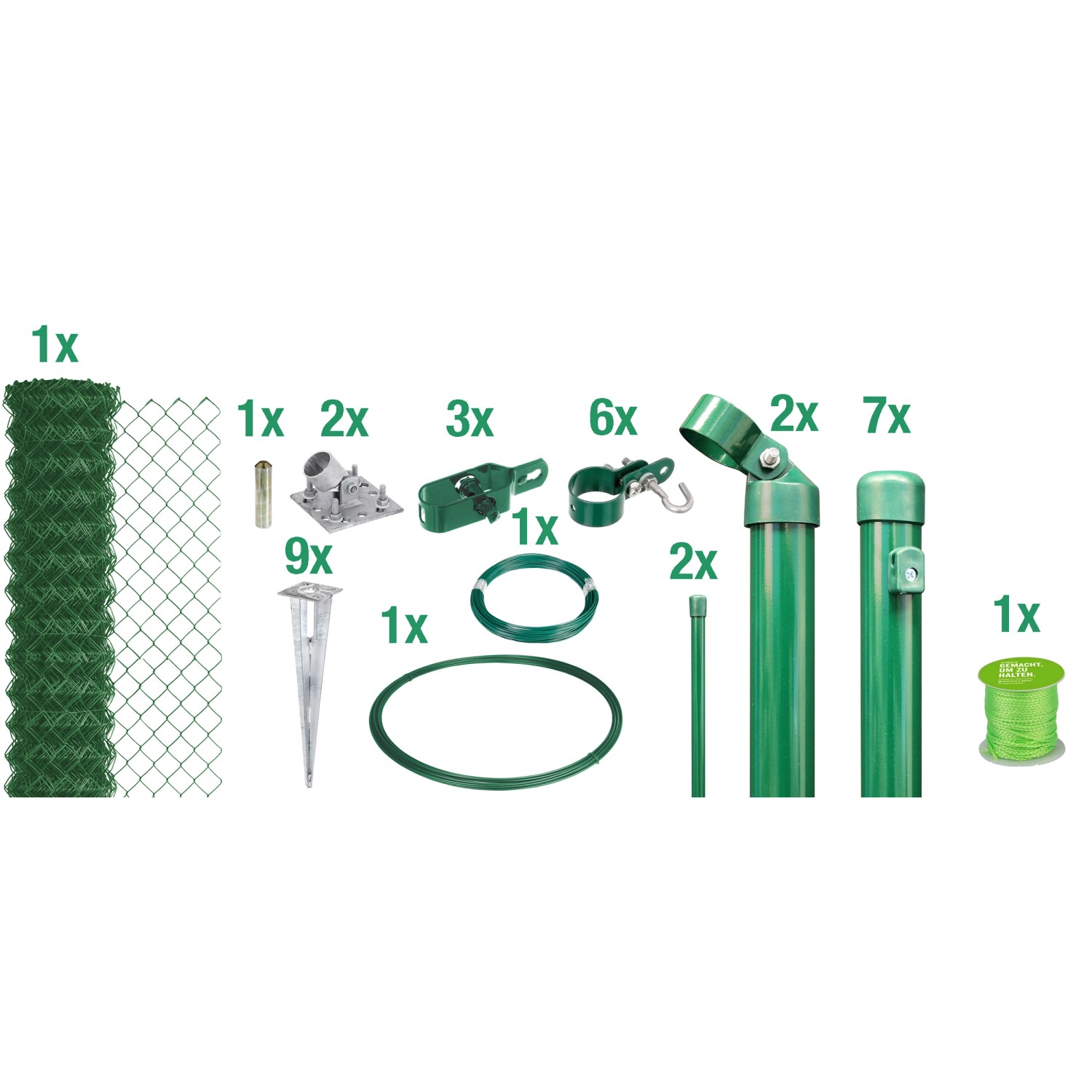 Komplettes, grünes Maschendrahtzaun-Set (15 m) mit Pfosten, Draht, Spanner und Einschlaghülsen für einfache Montage.