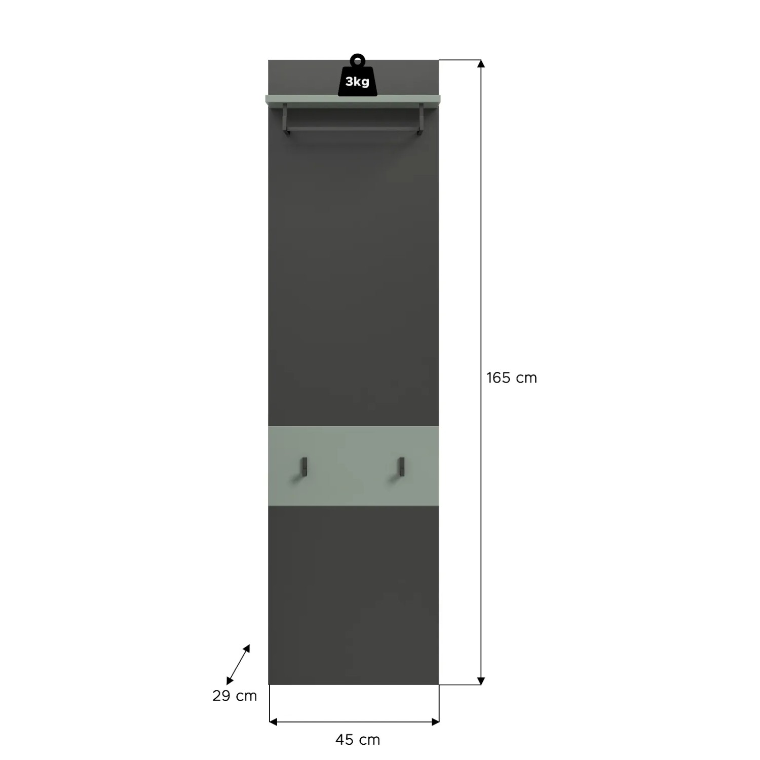 Inn.Furn Garderobenpaneel Cooper in Grau/Salbei, 45x165cm, mit Hutablage, Kleiderstange und Haken.