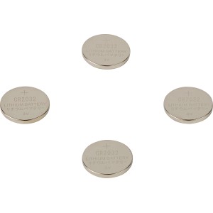 Vier silberne CR2032 Knopfzellen für Uhren, Taschenrechner und Kameras.