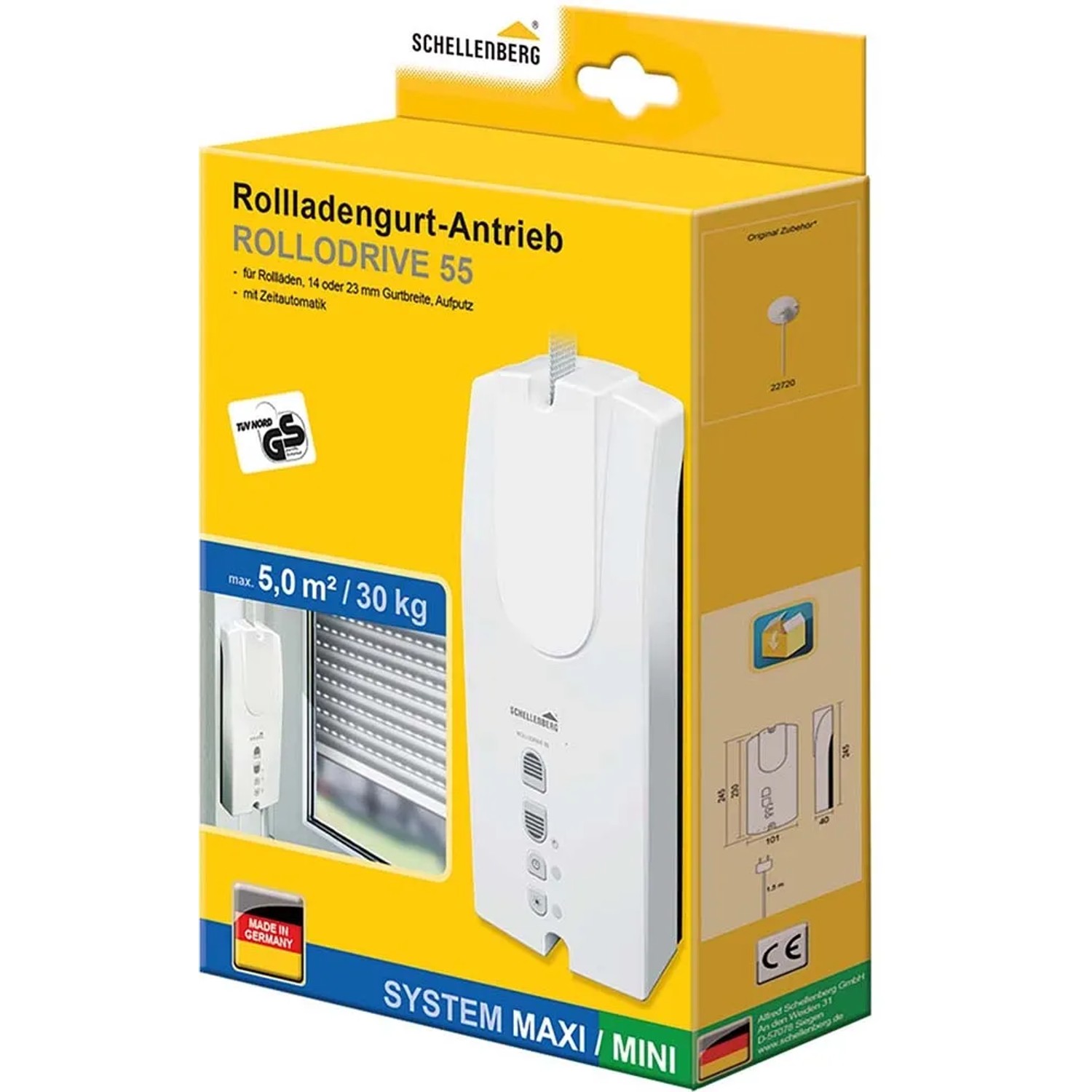 Schellenberg RolloDrive 55 Rollladenantrieb in Verpackung. Motor für Rollläden bis 5 m² mit Zeitautomatik.