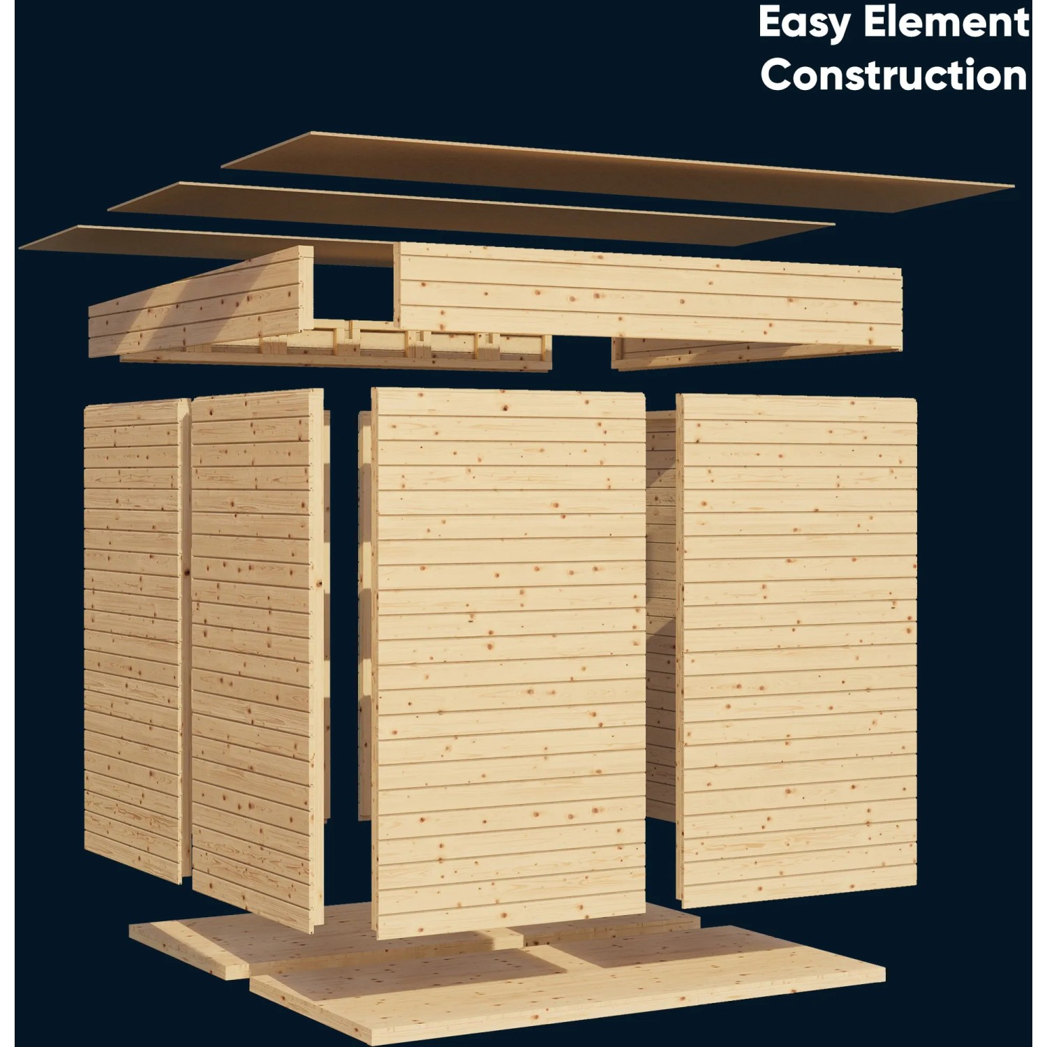 Explosionszeichnung Bertilo Gartenhaus Woodline Pent, 234x226 cm, Anthrazit, Elementbauweise.