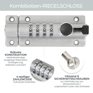 HMF 3591-09 Riegelschloss Türriegel mit 4-Stelligem Zahlencode aus Zinklegierung 122 x 40 x 48 mm Silber