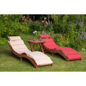 Merxx Ipanema Gartenliegen-Set, 3-tlg., Eukalyptus Holz, mit Hocker und Kissen.