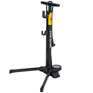Topeak Standpumpe Transformer Urban EX, schwarz-gelb, mit integriertem Fahrradständer und Manometer.