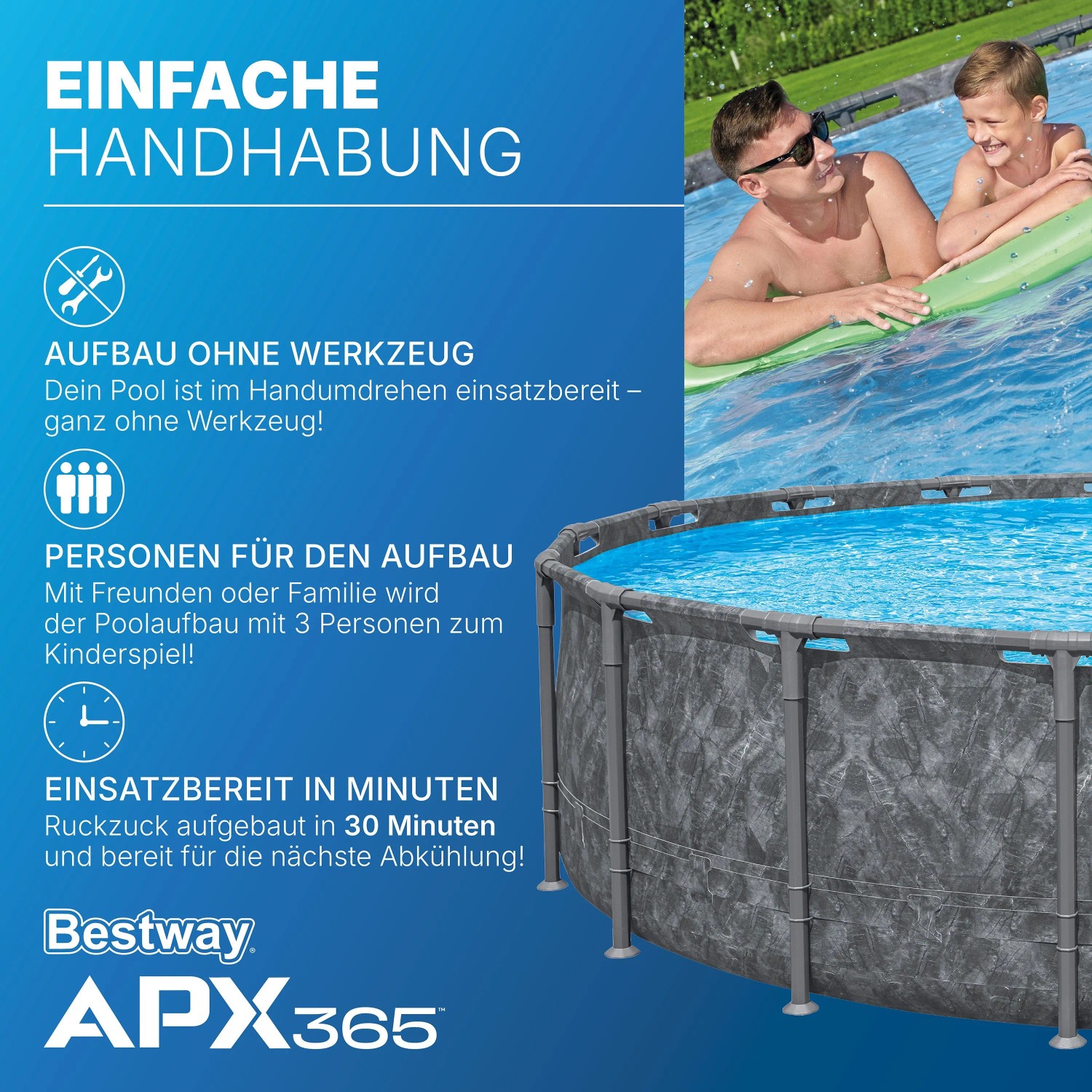 Bestway APX365 Stahlrahmen Pool mit Marmor Design, 549x132 cm, inklusive Sandfilteranlage.