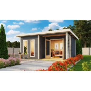 Karibu Saunahaus Magnus 5 Set A, terragrau, mit Ofen. Gartenhaus mit Sauna und Entspannungsbereich.