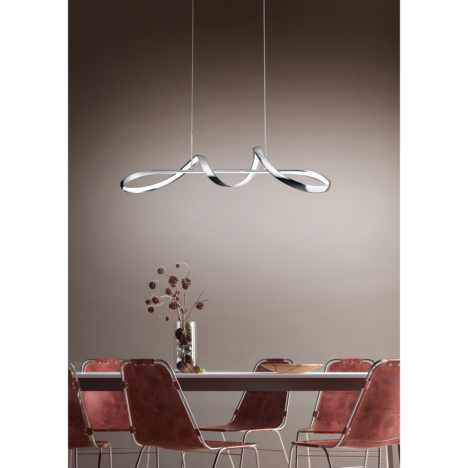 Moderne LED Pendelleuchte Perugia in Chrom, geschwungenes Design für Wohn- und Essbereich.
