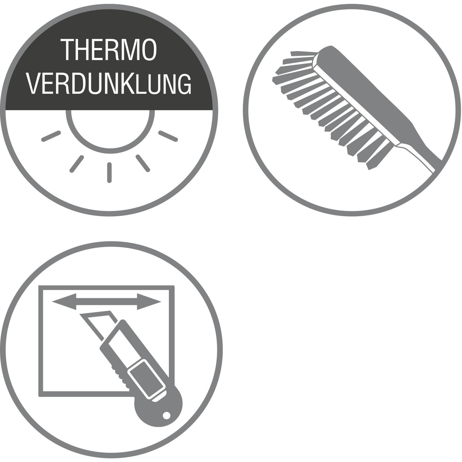 Piktogramme für Thermo-Verdunklung, Bürste und Zuschnitt des Gardinia Plissee Concept Thermo.