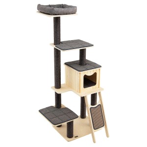 Costway Kratzbaum Holz 6-stöckiger Katzenkratzbaum Grau & Beige 175 cm