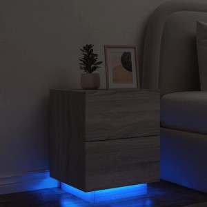 vidaXL Nachttisch mit LED, Grau Sonoma, 2 Schubladen. Holzwerkstoff mit blauer LED-Beleuchtung.