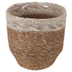 Natur-beige Übertopf aus Hogla-Gras, Ø 12cm, mit Polybeutel. Pflanzkorb im Boho-Stil.