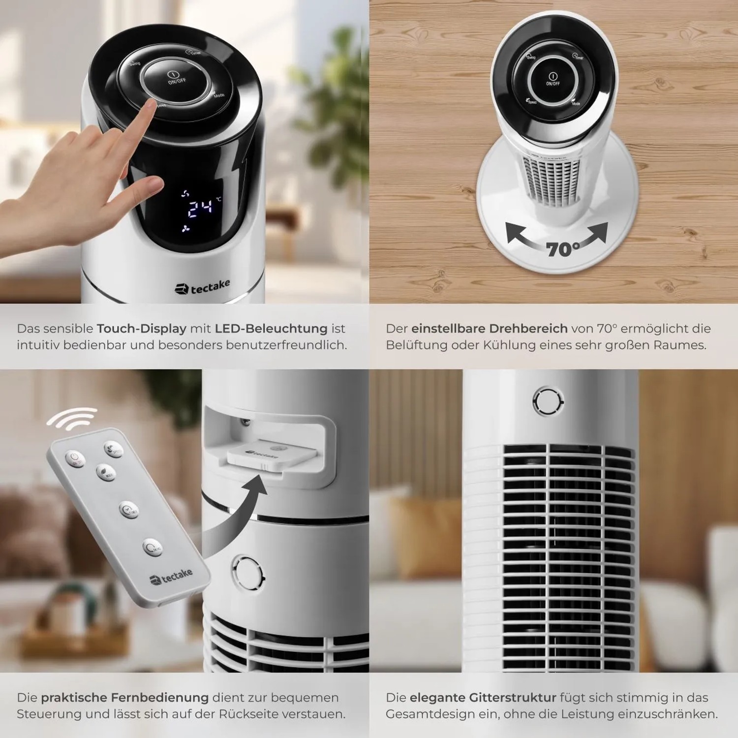 Weißer Tectake Turmventilator mit LED-Display, Fernbedienung und Oszillation für eine angenehme Kühlung.